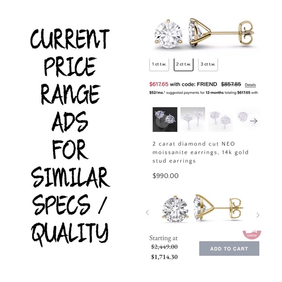 14KT 2 CARAT GENUINE MOISSANITE SOLID YELLOW GOLD MARTINI SET STUD EARRINGS NWOT - Picture 6 of 12